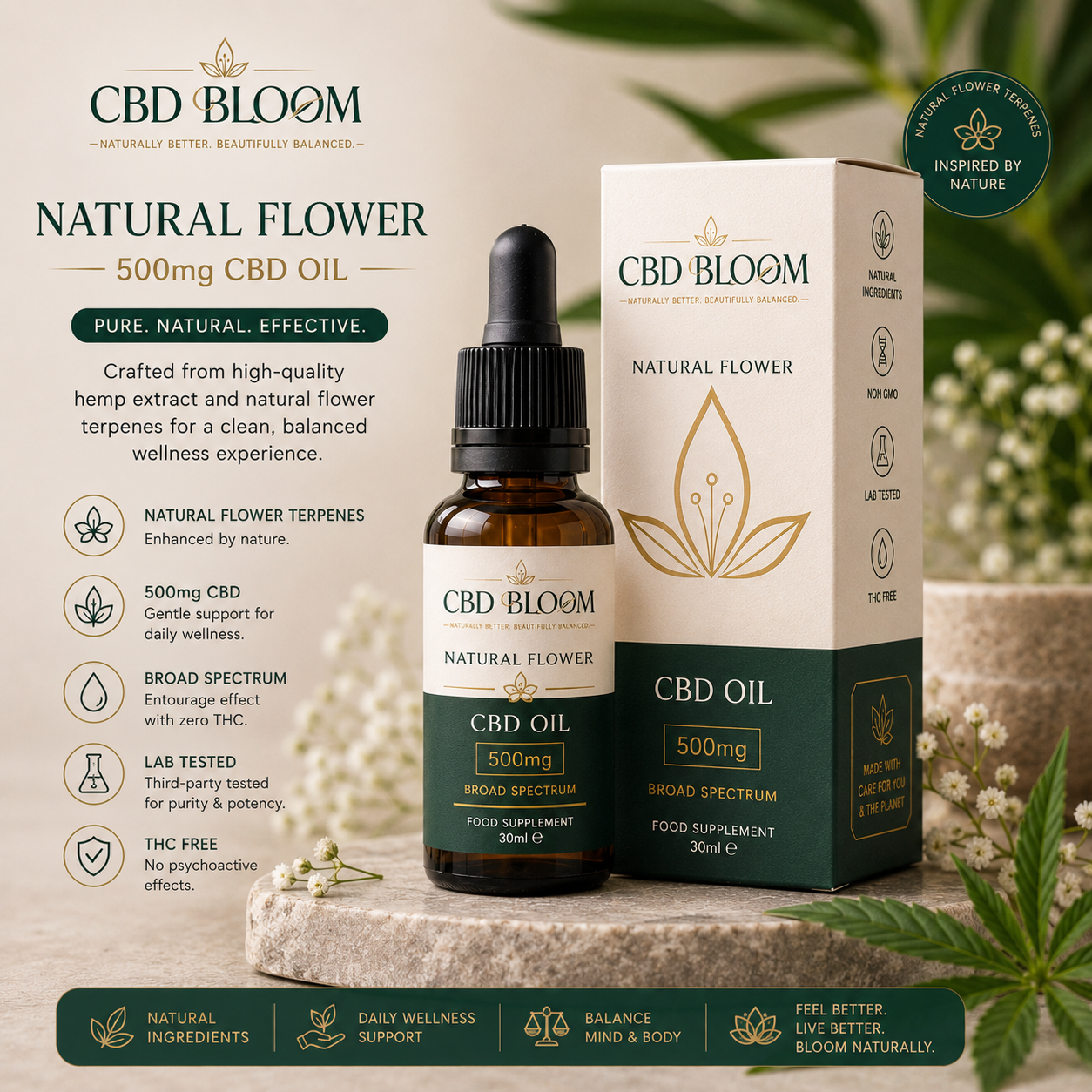 CBD Bloom Natural Flower 500mg CBD Oil (30ml)